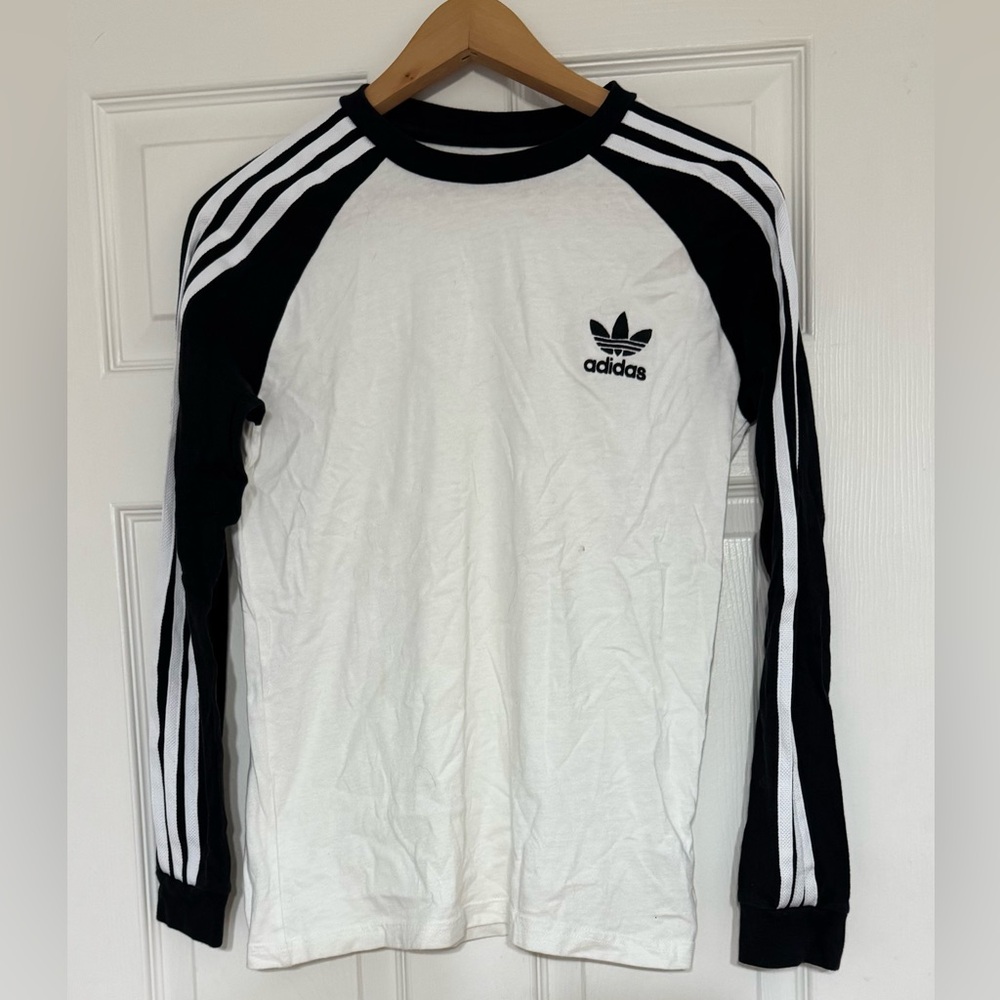 Adidas Black White Triple Stripe Long Sleeve Activewear Shirt Youth Boy 13-14 - Picture 1 of 13